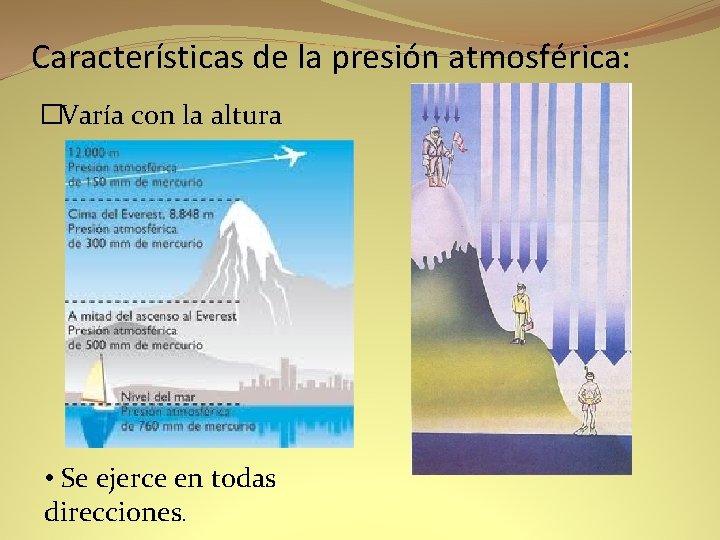 Características de la presión atmosférica: �Varía con la altura • Se ejerce en todas