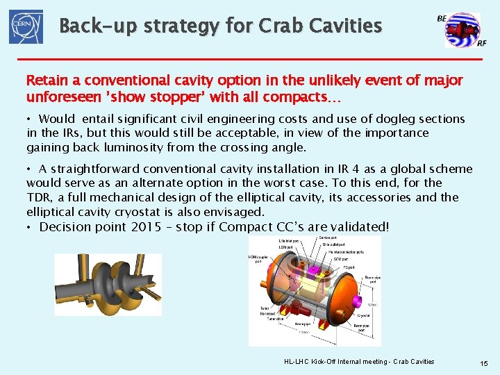 Back-up strategy for Crab Cavities Retain a conventional cavity option in the unlikely event