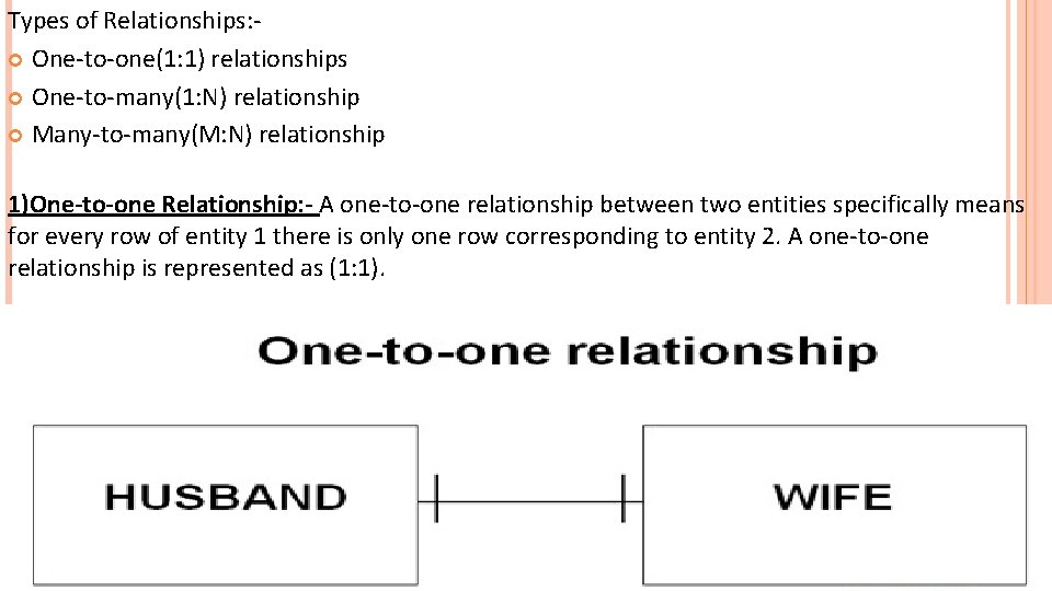 Types of Relationships: One-to-one(1: 1) relationships One-to-many(1: N) relationship Many-to-many(M: N) relationship 1)One-to-one Relationship: Types of Relationships: One-to-one(1: 1) relationships One-to-many(1: N) relationship Many-to-many(M: N) relationship 1)One-to-one Relationship: