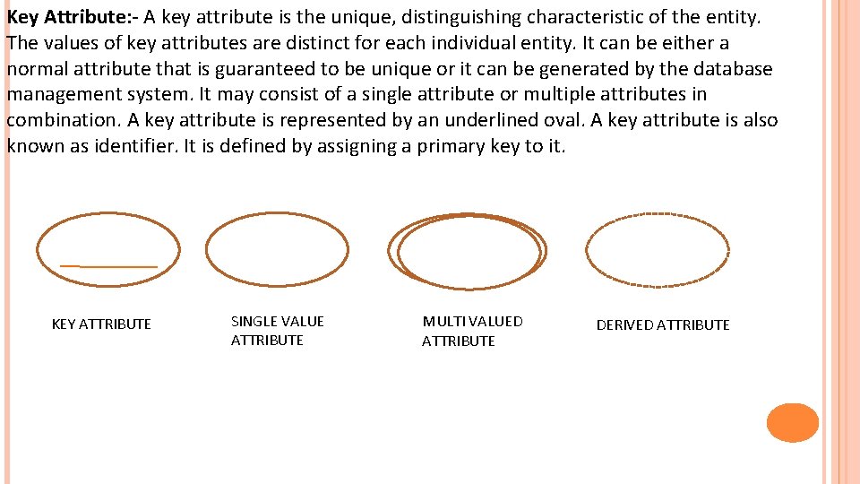 Key Attribute: - A key attribute is the unique, distinguishing characteristic of the entity. Key Attribute: - A key attribute is the unique, distinguishing characteristic of the entity.