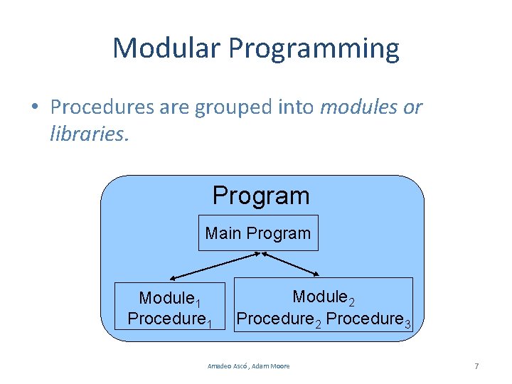 Modular Programming • Procedures are grouped into modules or libraries. Program Main Program Module Modular Programming • Procedures are grouped into modules or libraries. Program Main Program Module