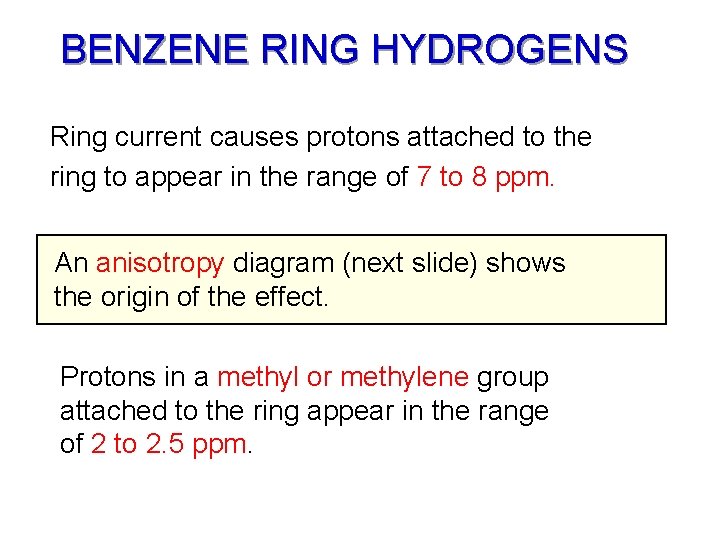 BENZENE RING HYDROGENS Ring current causes protons attached to the ring to appear in