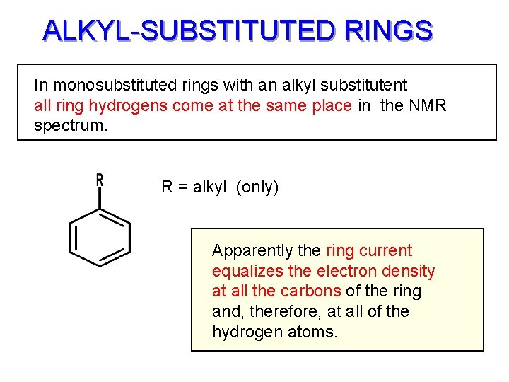 ALKYL-SUBSTITUTED RINGS In monosubstituted rings with an alkyl substitutent all ring hydrogens come at