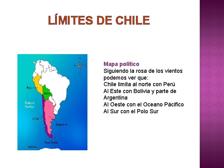 LÍMITES DE CHILE Mapa político Siguiendo la rosa de los vientos podemos ver que: