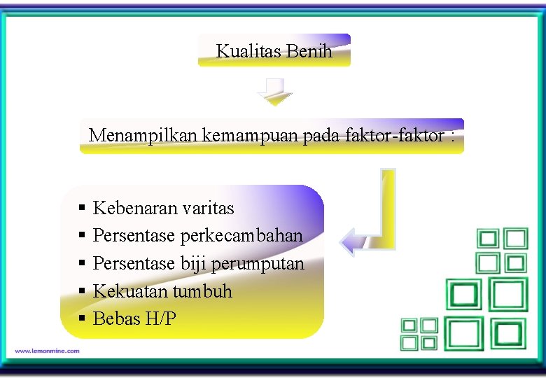 Kualitas Benih Menampilkan kemampuan pada faktor-faktor : § Kebenaran varitas § Persentase perkecambahan §