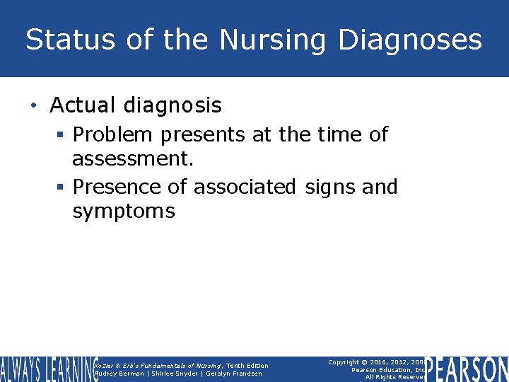 Status of the Nursing Diagnoses • Actual diagnosis § Problem presents at the time
