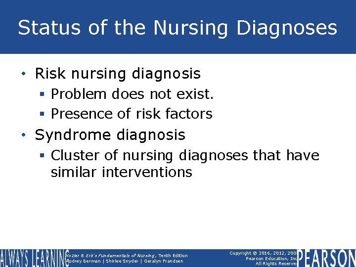 Status of the Nursing Diagnoses • Risk nursing diagnosis § Problem does not exist.