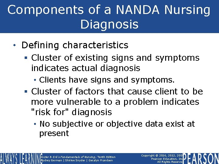 Components of a NANDA Nursing Diagnosis • Defining characteristics § Cluster of existing signs