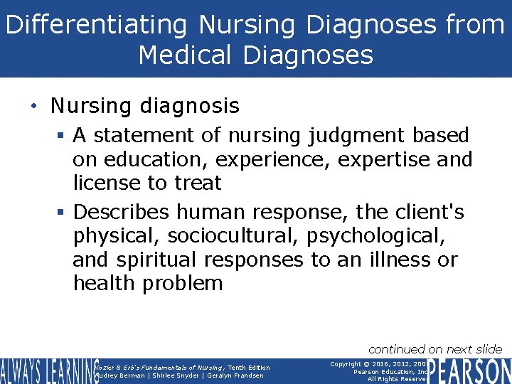 Differentiating Nursing Diagnoses from Medical Diagnoses • Nursing diagnosis § A statement of nursing