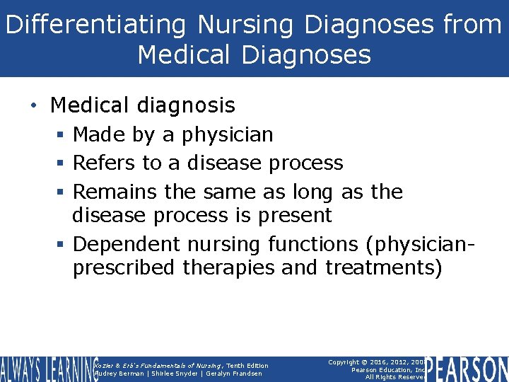 Differentiating Nursing Diagnoses from Medical Diagnoses • Medical diagnosis § Made by a physician