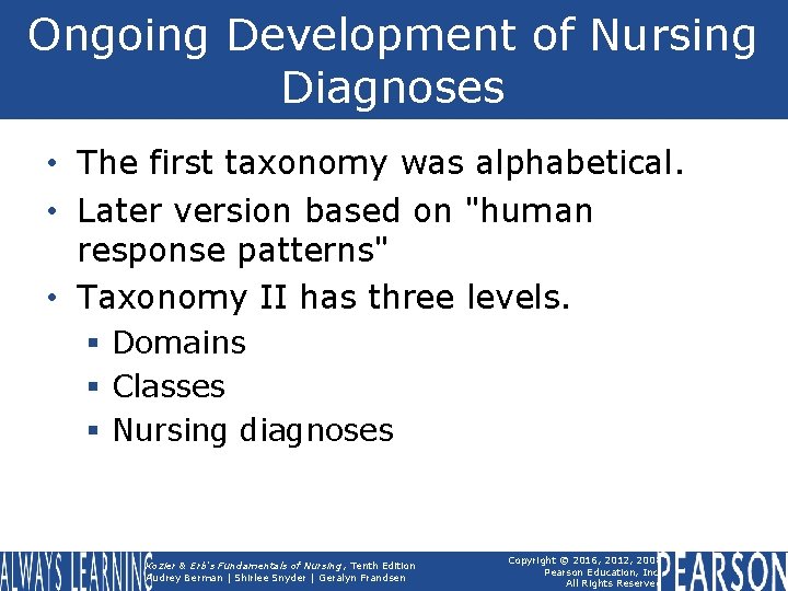 Ongoing Development of Nursing Diagnoses • The first taxonomy was alphabetical. • Later version