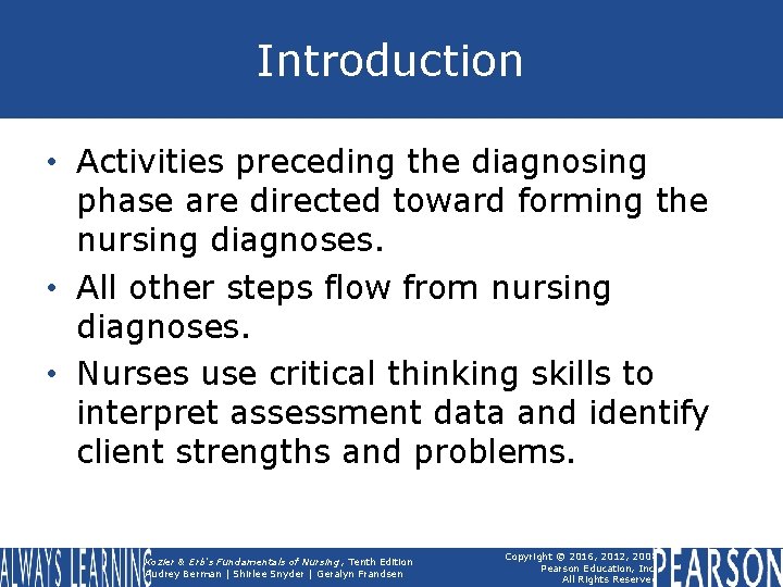 Introduction • Activities preceding the diagnosing phase are directed toward forming the nursing diagnoses.