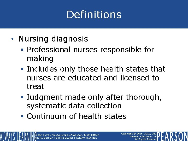Definitions • Nursing diagnosis § Professional nurses responsible for making § Includes only those