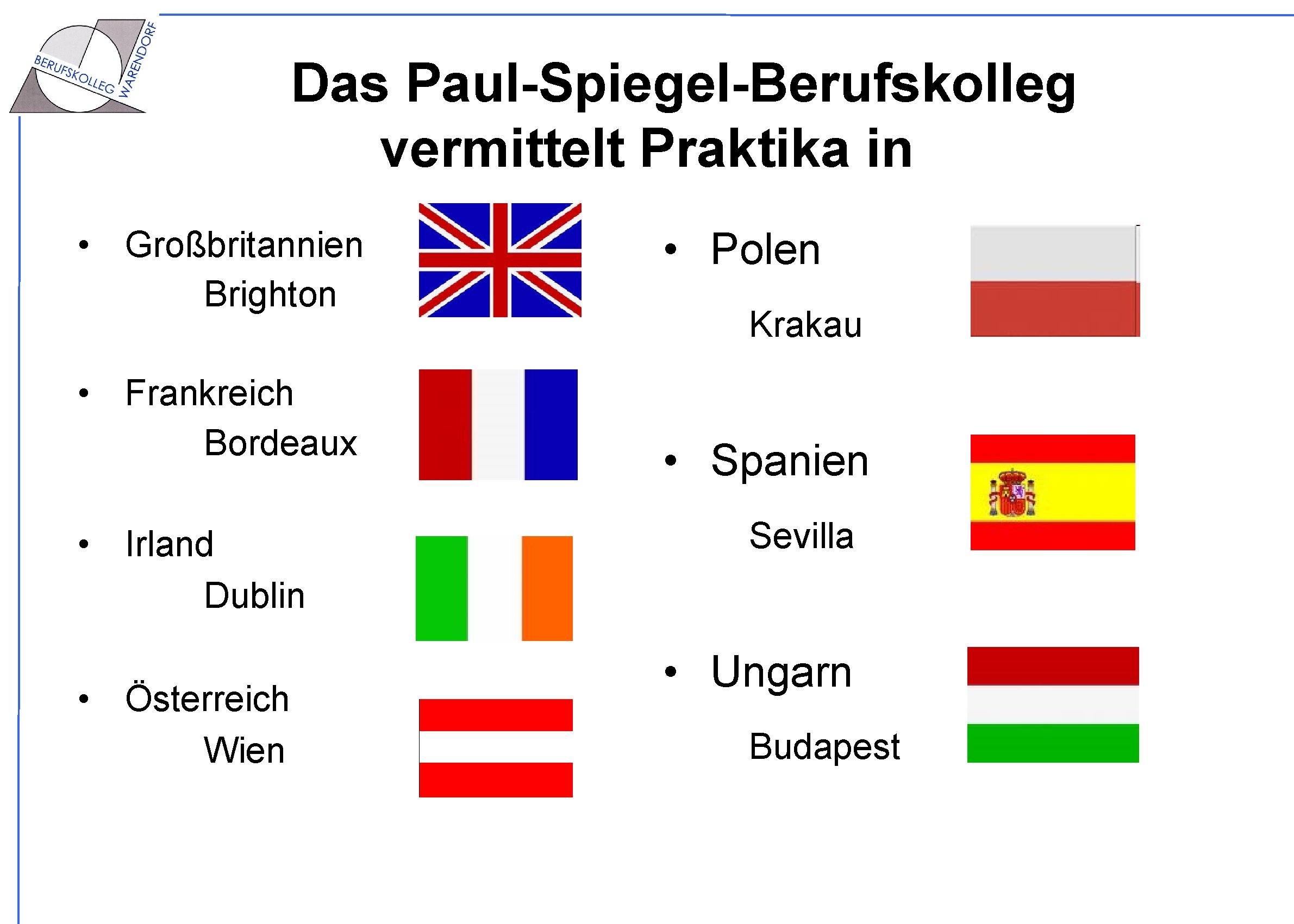 Das Paul-Spiegel-Berufskolleg vermittelt Praktika in • Großbritannien Brighton • Frankreich Bordeaux • Irland Dublin