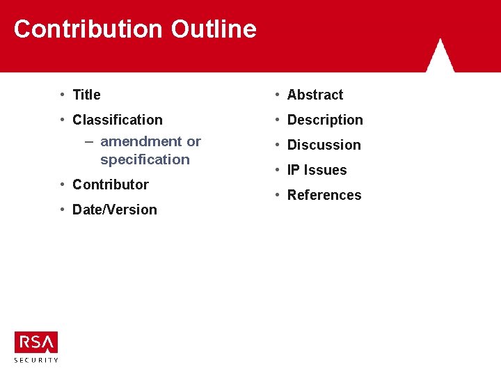 Contribution Outline • Title • Abstract • Classification • Description – amendment or specification