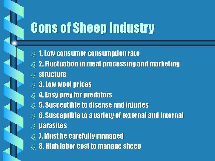 Cons of Sheep Industry b b b b b 1. Low consumer consumption rate
