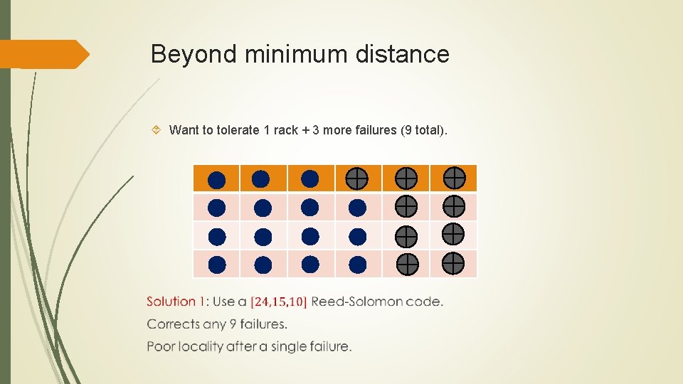 Beyond minimum distance Want to tolerate 1 rack + 3 more failures (9 total).