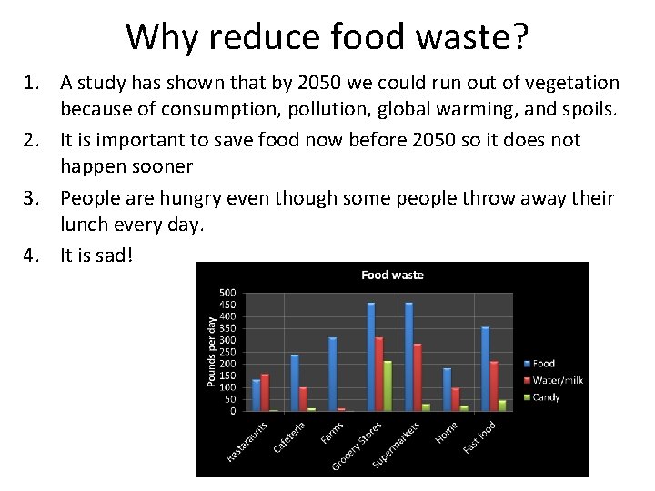 Why reduce food waste? 1. A study has shown that by 2050 we could