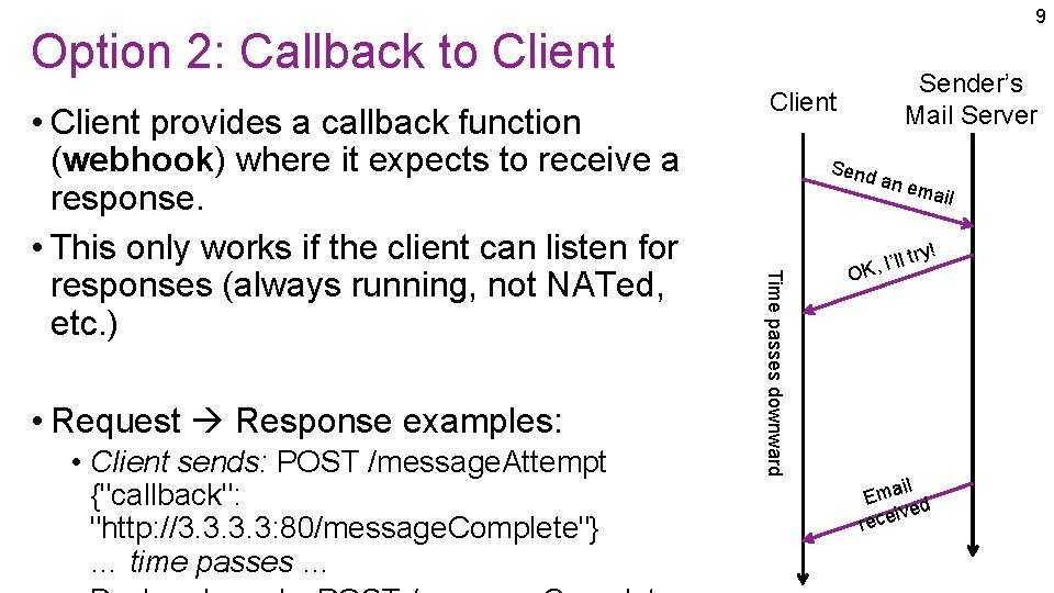 9 Option 2: Callback to Client • Request Response examples: • Client sends: POST