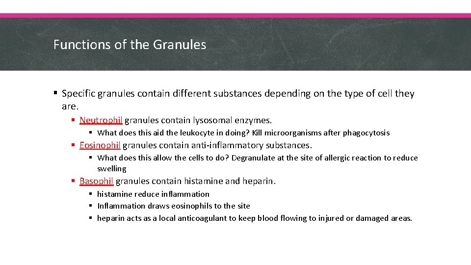 Functions of the Granules § Specific granules contain different substances depending on the type