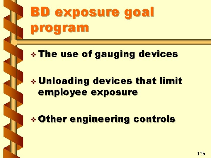 BD exposure goal program v The use of gauging devices v Unloading devices that