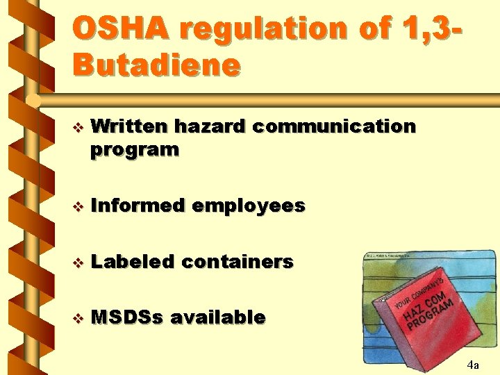 OSHA regulation of 1, 3 Butadiene v Written hazard communication program v Informed employees