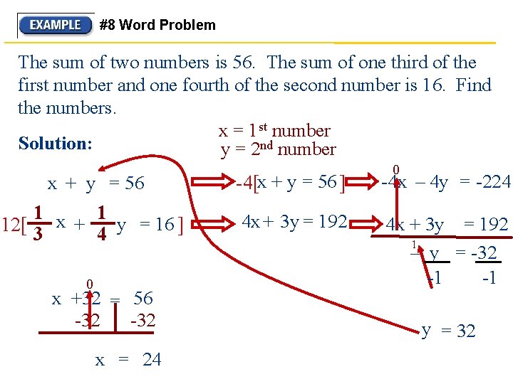 #8 Word Problem The sum of two numbers is 56. The sum of one