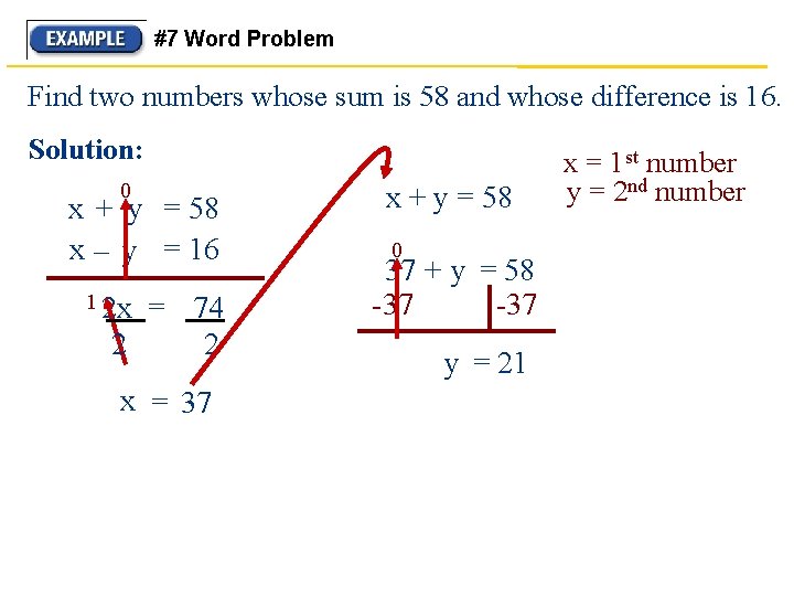#7 Word Problem Find two numbers whose sum is 58 and whose difference is