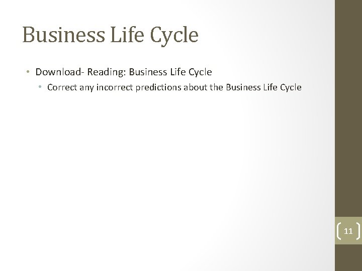 Business Life Cycle • Download- Reading: Business Life Cycle • Correct any incorrect predictions