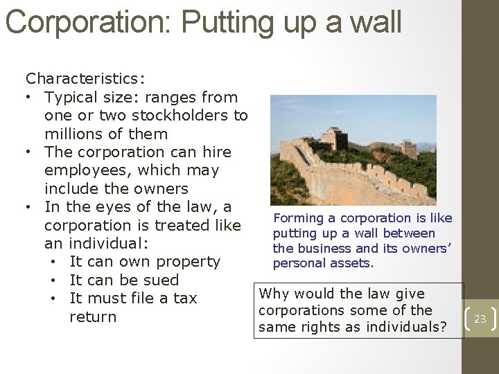 Corporation: Putting up a wall Characteristics: • Typical size: ranges from one or two