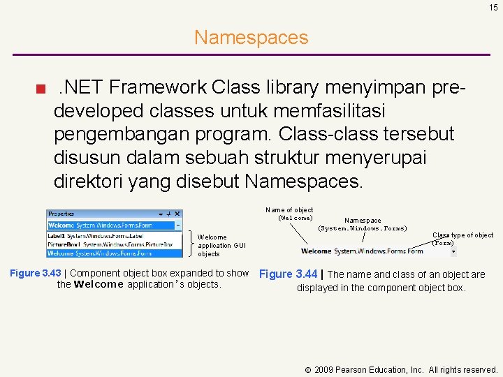15 Namespaces ■. NET Framework Class library menyimpan predeveloped classes untuk memfasilitasi pengembangan program.