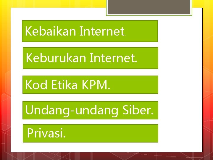 Kebaikan Internet. Keburukan Internet. Kod Etika KPM. Undang-undang Siber. Privasi. 