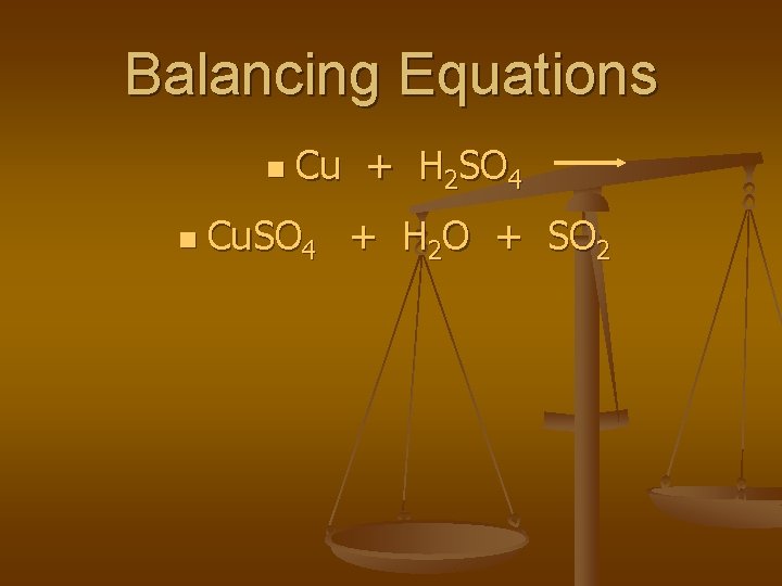 Balancing Equations n n Cu + H 2 SO 4 Cu. SO 4 +