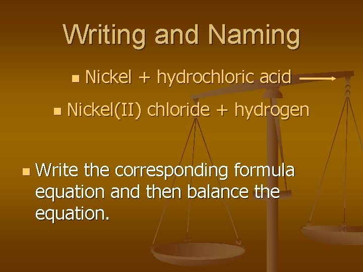 Writing and Naming n n n Nickel + hydrochloric acid Nickel(II) chloride + hydrogen