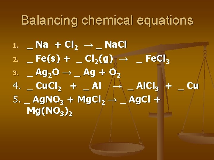 Balancing chemical equations _ Na + Cl 2 → _ Na. Cl 2. _