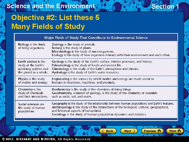 Science and the Environment Objective #2: List these 5 Many Fields of Study Section