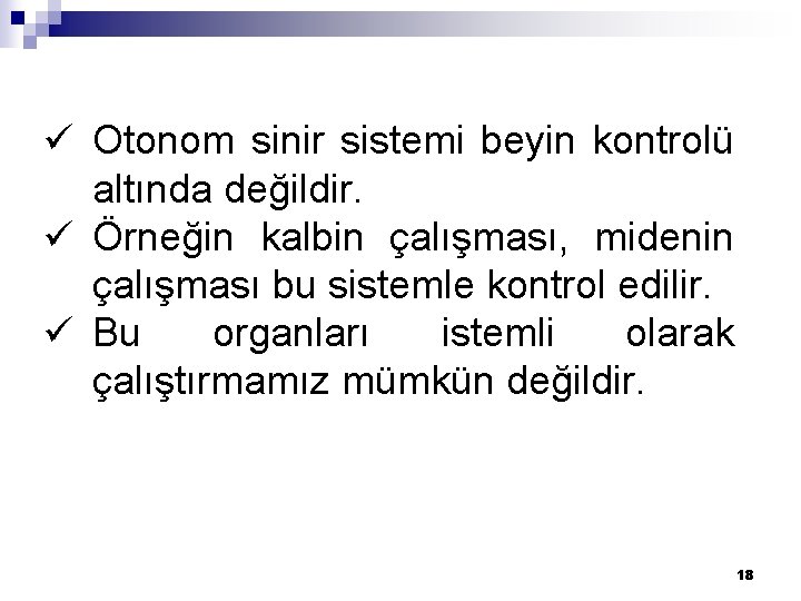 ü Otonom sinir sistemi beyin kontrolü altında değildir. ü Örneğin kalbin çalışması, midenin çalışması