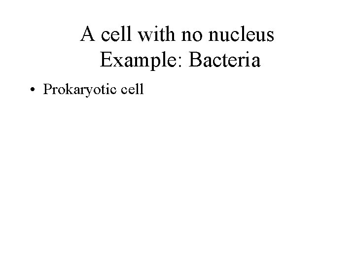 A cell with no nucleus Example: Bacteria • Prokaryotic cell 