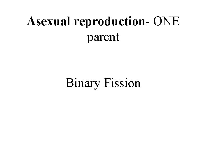 Asexual reproduction- ONE parent Binary Fission 