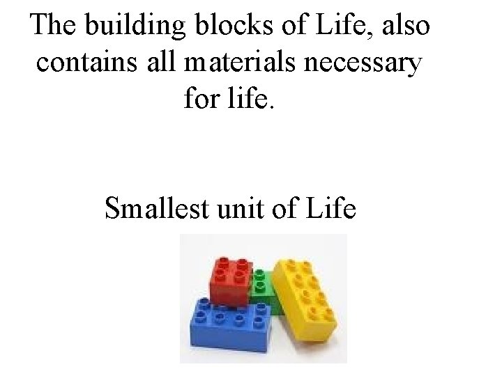 The building blocks of Life, also contains all materials necessary for life. Smallest unit