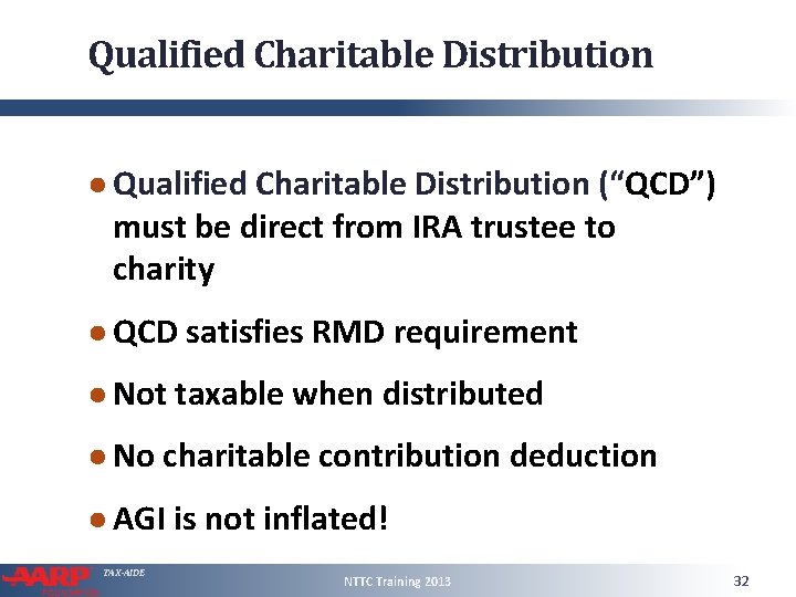 Qualified Charitable Distribution ● Qualified Charitable Distribution (“QCD”) must be direct from IRA trustee