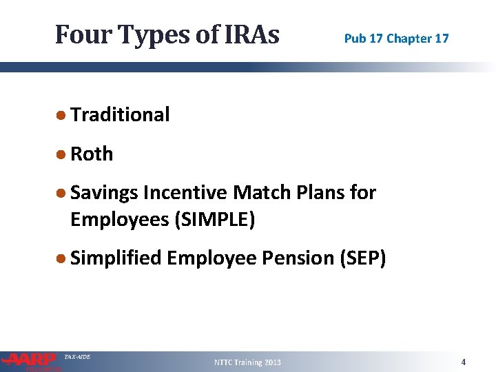 Four Types of IRAs Pub 17 Chapter 17 ● Traditional ● Roth ● Savings