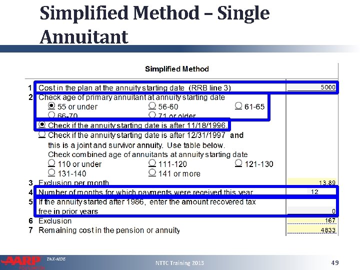 Simplified Method – Single Annuitant TAX-AIDE NTTC Training 2013 49 