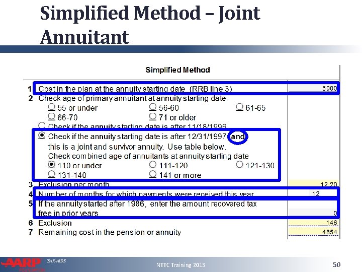 Simplified Method – Joint Annuitant TAX-AIDE NTTC Training 2013 50 