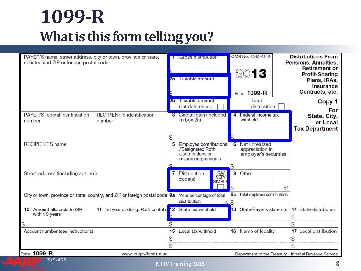 1099 -R What is this form telling you? TAX-AIDE NTTC Training 2013 8 