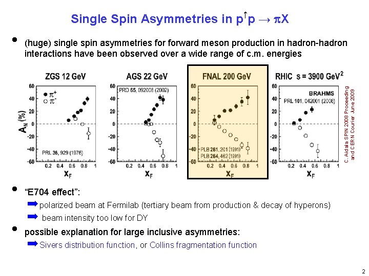 Single Spin Asymmetries in p↑p → p. X (huge) single spin asymmetries forward meson