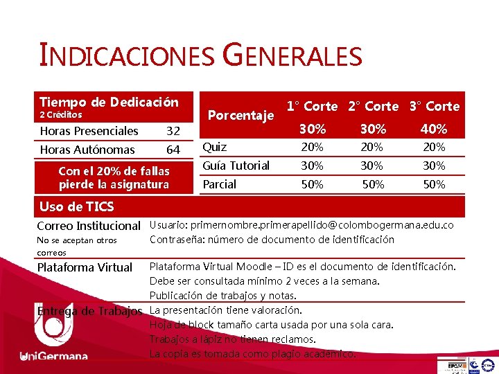 INDICACIONES GENERALES Tiempo de Dedicación 2 Créditos Horas Presenciales 32 Horas Autónomas 64 Con