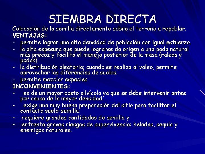 SIEMBRA DIRECTA Colocación de la semilla directamente sobre el terreno a repoblar. VENTAJAS: -