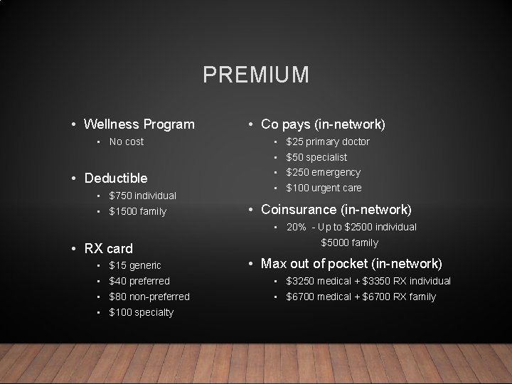 PREMIUM • Wellness Program • No cost • Co pays (in-network) • $25 primary