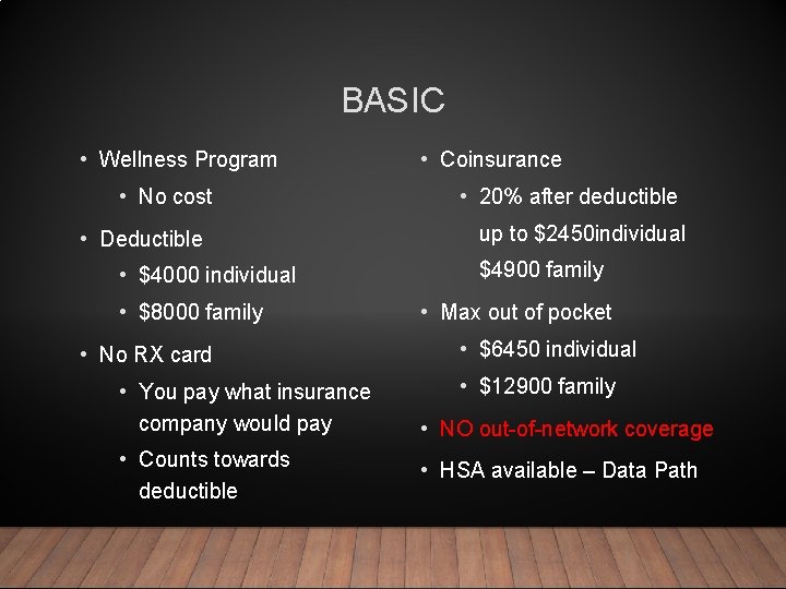 BASIC • Wellness Program • No cost • Deductible • $4000 individual • $8000